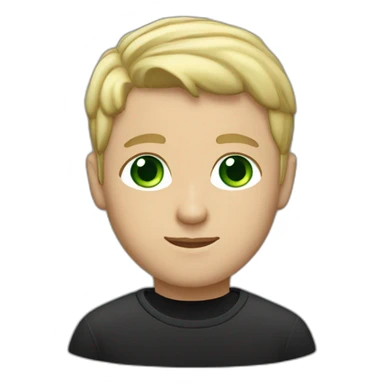 A blond short haired man with green eyes and a black sweatshirt sticker