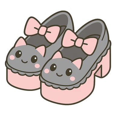 Refine the kawaii BLACKPINK-inspired gothic shoes with a large cute bow and scalloped edge, using pastel pink and pastel black (soft gray) colors for a gentle, dreamy look. Keep the design playful and stylish, without hearts. Transparent background. sticker