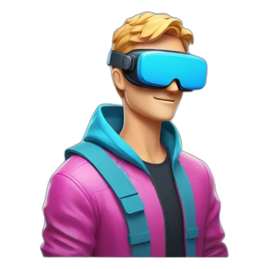 NFT emoji of Caucasian male wearing VR goggles, upper body sideways pose facing right. Bold outlines, vibrant colors, futuristic/techy style. Simple background. sticker
