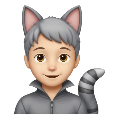 Boy kid in gray cat suit with tail and ears sticker