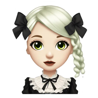 pale woman with long black hair and, pale lips and eyeshadow, long eyelashes, green eyes, black Lolita dress with laces and ribbons, gothic Lolita doll look sticker
