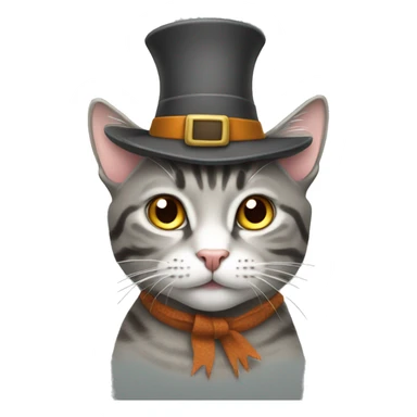 Gray tabby cat wearing a Thanksgiving hat sticker