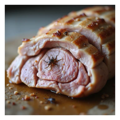 close-up of cooked pork meat slice, anatomical details showing survival of some parasites, neutral background, 4K quality sticker