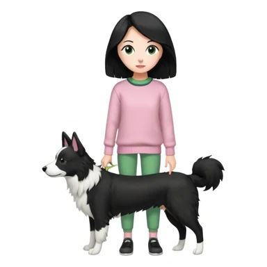 full body girl with side parted long black hair, wearing a light pink and green sweater, carrying a black and white border collie with perked ears sticker
