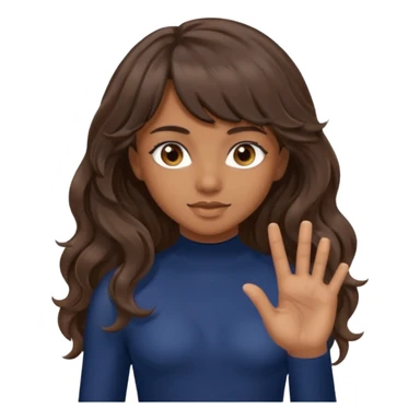 Uzun kahverengi dalgalı saçlı kahverengi gözlü esmer perçemli üzerinde lacivert parmak detaylı body olan bir kız yap sticker