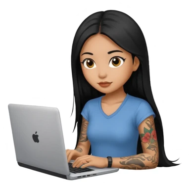 beautiful brown girl, with tattoo, with the long black hair, straight hair, chinese, with laptop sticker