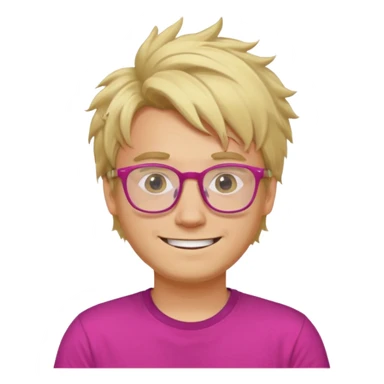 A blond guy with messy hair is smiling. He wear glasses and a fushia T-shirt sticker