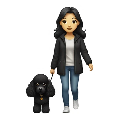 One Korean girl with black long straight hair with one medium black poodle is walking. sticker