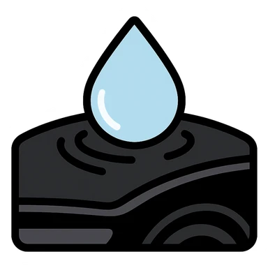 light blue or silver water droplet sliding on glossy black mirror-like paint of a high-end vehicle, main color glossy black, subtle repellent effect with water lines moving away, modern and clean icon sticker