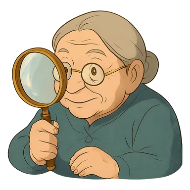 grandmother with glasses peering through a magnifying glass in ghibli style sticker