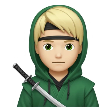 Green ninja Lloyd garmadon blonde hair, kaptur hoody on his head but blonde grzywka visible; the bottom left one is best (the one without miecze + black band + no mask of face) but add miecz; I want no band on head ; I don’t want any band on forehead sticker
