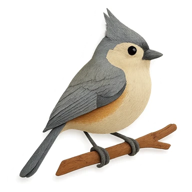 close-up of a tufted titmouse perched on a tree branch, fine paper edges, soft feather patterns, expressive crest sticker