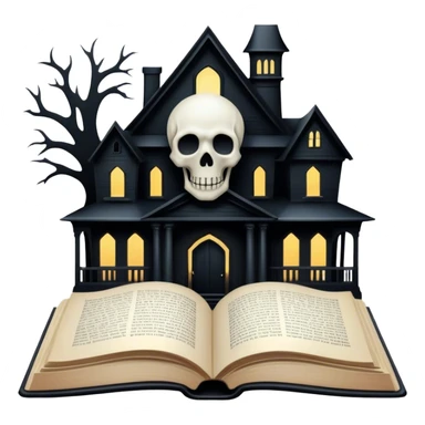 Icon for Horror and Mystery Reading: an open book with eerie, dark pages, a haunted house silhouette, a ghostly figure, and a skull. The icon should capture the suspense, fear, and mystery of horror and supernatural stories. Transparent background. sticker