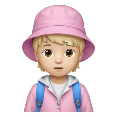 A little boy student white skin, blonde hair, with pink bucket hat, white jacket, blue backpack sticker