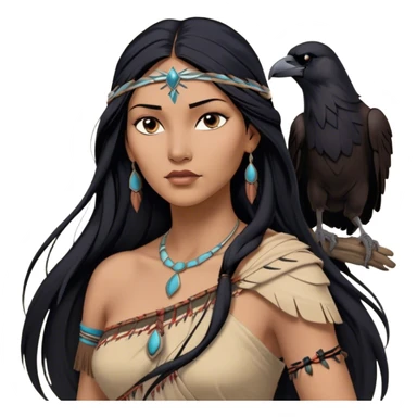 Cinematic Realistic Pocahontas Portrait, depicted with lifelike skin texture, soft natural lighting, and intricately detailed long, flowing raven-black hair that moves gracefully in the wind. Her deep, soulful dark brown eyes exude wisdom and strength, complemented by a serene yet powerful expression. She is dressed in her classic one-shoulder native american dress, with rich fabric textures and delicate beaded details that catch the light beautifully. The portrait features a soft, sun-kissed glow with a natural, radiant finish, capturing the essence of untamed beauty and deep connection to nature in a realistic and painterly style, evoking a sense of depth and authenticity. sticker