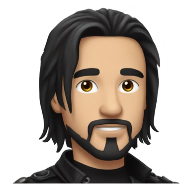 Man with long black hair, black goatee, square jawline, eyeliner, black leather jacket, black pants, black shirt and pentacle necklace sticker