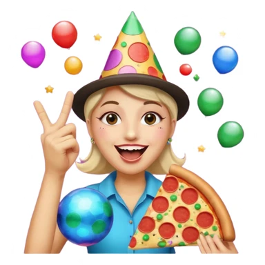 funny emoji called 'party Overload': laughing face with disco ball eyes, tilted party hat, making a finger gun with one hand, holding pizza in the other sticker