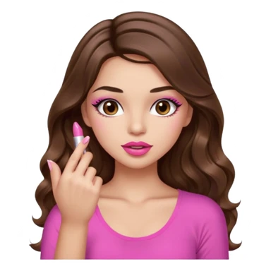 girl with long wavy brown hair, brown eyes, light to medium complexion, in a pink sexy top, pink lips, long lashes, puckered lips, showing my manicure one hand sticker