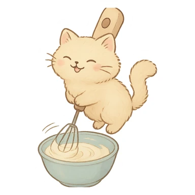 cute electric whisk shaped as a soft fluffy cat spinning cream joyfully, pastel tones, full-body sticker