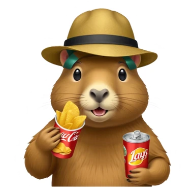 Capybara with a cool hat  eating Lays chips with coke sticker