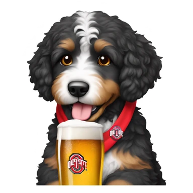 Bernedoodle with a beer wearing ohio state shirt sticker