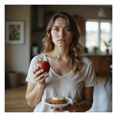 adult woman, photorealistic, alternating holding an apple and a dessert, confused expression, scale on the floor, natural light, kitchen background, concept of yo-yo diet sticker