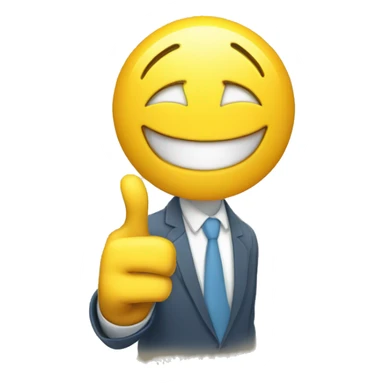 a yellow smiley with a smirk and two hands pointing upwards to portray satisfied success sticker