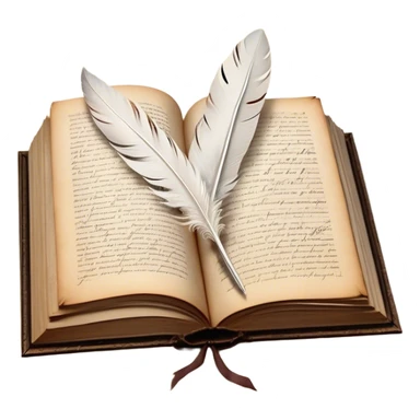 Create a poetic and elegant emoji representing poetry. The design should feature several vintage, gracefully flying pages with short, poetic columns written on them. A white feather quill should be depicted writing on one of the pages, with ink flowing smoothly. The pages should have a soft, antique look, with subtle details to convey the delicate nature of poetry. Use soft, light colors with a romantic, airy feel. Make the background transparent. sticker