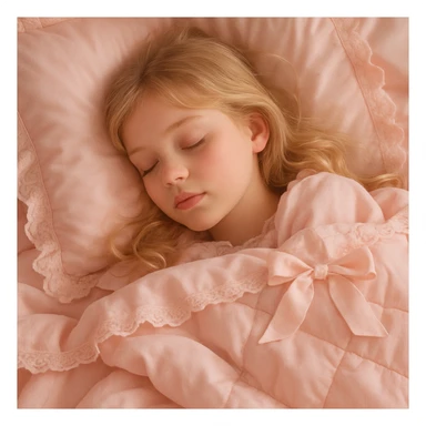 Close-up of a blonde girl sleeping with eyes closed, surrounded by baby pink Coquette bedding, gentle and cozy mood, soft pastel colors, delicate feminine details sticker