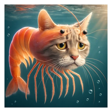 Change the expression of the cat-shrimp creature to sad, keeping all other details and colors the same, in a style consistent with the original image. sticker