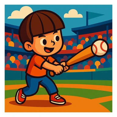 A young boy with a bowl cut hairstyle, mid-swing, baseball bat connecting with the ball, stadium background, vibrant colors, vibrant cartoon style sticker