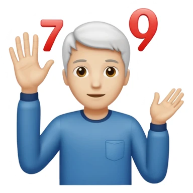 Man holding hands to the side, above left hand floats the number 6, above right hand floats the number 7 sticker