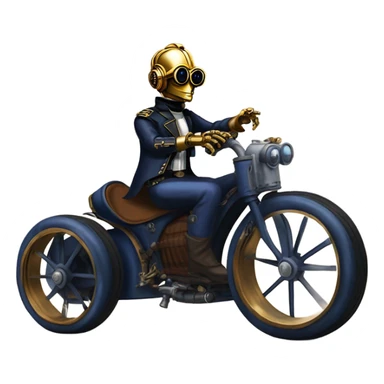 Bounty hunter C-3PO wearing a pair of navy-blue rimmed steampunk goggles, hat, leather chaps, fringe jacket riding a fast 3 wheeler trike steampunk motorcycle on ice  sticker