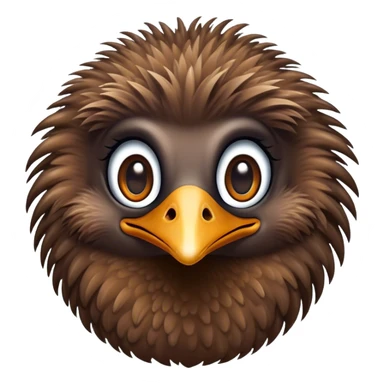 Cinematic Cute Emu Portrait Emoji, Head tilted playfully and inquisitively, featuring a glossy, textured brown plumage with a perky head and round, sparkling eyes full of curious wonder, Simplified yet irresistibly adorable features, highly detailed, glowing with a warm, friendly glow, high shine, affectionate and lively, stylized with a touch of outback whimsy, bright and endearing, soft glowing outline, capturing the essence of a mischievous yet loving emu, so playful it feels like it could gallop out of the screen into your arms! sticker