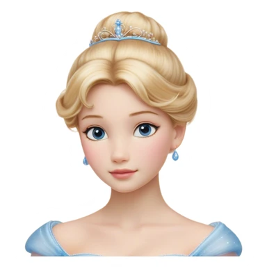Cinematic Realistic Cinderella Portrait, depicted with lifelike skin texture, subtle rosy undertones, and soft natural lighting that enhances the gentle contours of her face. Her intricately detailed golden blonde hair is elegantly styled in an updo, with delicate wisps framing her face for added realism. Her deep, expressive blue eyes radiate warmth and sincerity, reflecting a quiet resilience and grace. She is dressed in her iconic ball gown, the fabric shimmering with intricate embroidery and fine translucent layers that catch the light beautifully. The soft sheen of satin gloves and the delicate sparkle of a glass-like slipper peeking from beneath her dress add a touch of magical realism. The portrait features an enchanting glow with a natural, luminous finish, seamlessly blending realism and fairytale charm to evoke a sense of depth, elegance, and timeless beauty. sticker