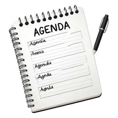 A notebook with 'AGENDA' written on top and meeting items listed below with bullet points sticker