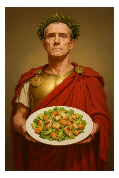 Сгенерируй мне этого цезаря, который стоит с тарелкой а на ней салат цезарь sticker