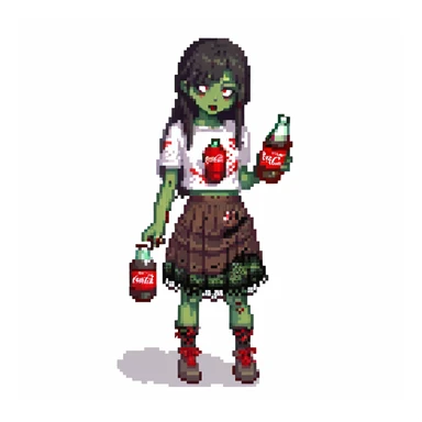 Generate an Asian girl, dark-haired, she's a zombie, wearing a skirt with lace, slightly torn,
Holding a bottle of Coca-Cola in her hands.
Background: a dark street in the style of Gotham City  sticker