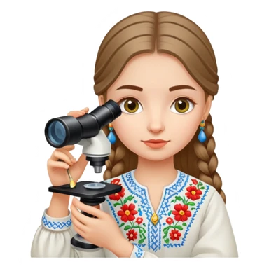 Ukrainian girl in traditional embroidered vyshyvanka shirt holding a microscope sticker