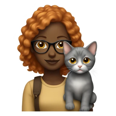Black girl holding a grey kitten. The girl has ginger hair and wears glasses sticker