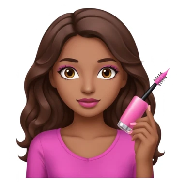 gorgeous woman, light brown skin, dark brown eyes, long wavy brown hair, pink top, clear lipgloss, mascara  sticker