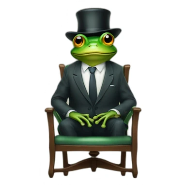 a frog wearing a suit and hat sitting on a chair looking straight sticker