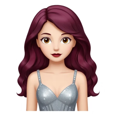 young glamorous woman 
Long waist-long hair
middle part
slightly wavy
dark burgundy hair 
 sticker