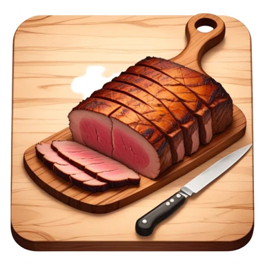 Cinematic smoked brisket, deep mahogany crust, perfectly sliced to reveal juicy marbled meat, warm smoky aroma, served on a wooden board, rich and flavorful, ultra-detailed and appetizing. sticker