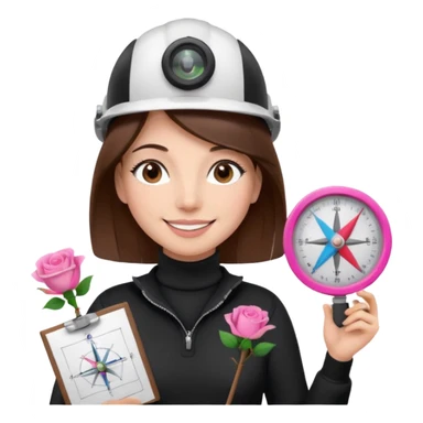 Arquitecta ojos marrones oscuros pestañas pelo marron por los hombros sonrie casco blanco jersey de cuello alto negro compás de dibujo técnico y rosa sticker