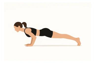 Minimalist flat vector illustration of a woman doing yoga (Four Limbed Staff ), wearing sportswear (black top and black shorts), brown hair pulled back into a ponytail, clean white background, no face details, elegant style sticker