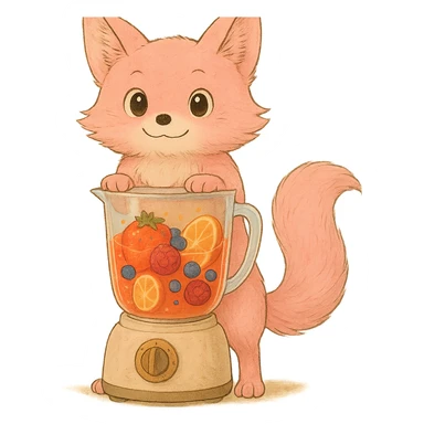 Expand and regenerate the image as a fully visible, full-body Ghibli-style pastel pink blender fox. Show the entire fox from head to toe, including all four paws, the full blender base, and tail clearly visible. Maintain a high-quality, detailed, joyful look with a transparent body filled with vibrant fruity smoothie, sparkling expressive eyes, and a sweet, joyful expression. Transparent background. sticker