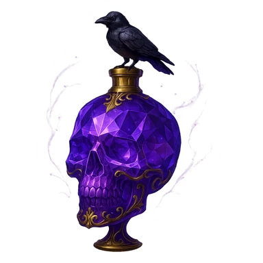 very luxurious, crystal, skull-shaped elixir bottle, violet, lots of glowing, facets, ornaments, golden details, magical effects, very small golden neck, transparent background, beautiful connected base, clearly floating in the air, no base or shadow, small crow on top, premium class, matching the collection sticker
