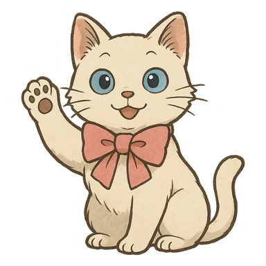 white cat with blue eyes very cute with a pink bow on his neck waving hello, ghibli style sticker