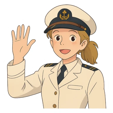 ghibli style cruise captain girl with dirty blonde ponytail, waving at the camera sticker